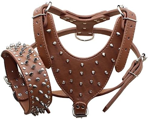 haoyueer Leather Spiked Studded Medium & Large Dog Collars, Harnesses 2Pcs Matching Set for Pit Bull,Mastiff, Boxer, Bull Terrier