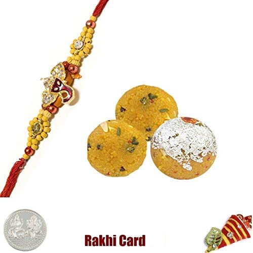 Guaranteed Delivery Ganesha Rakhi with Rajbhog 225 Grams Boondi Ladoo Laxmi Ganesh Coin