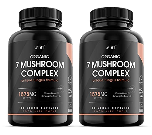 Organic Mushroom Complex 1575mg | Seven Mushrooms: Reishi, Cordyceps, Lion's Mane, White Fungus, Maitake, Shitake & Chaga | Non-GMO, Halal. 90 Vegan Capsules (2 Pack)