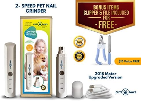 Cute Paws Dog Nail Grinder Clipper- 2018 ALL NEW Professional 2-Speed Electric Portable &amp; Rechargeable- For Painless Paws- Cats Rabbits Birds - Grooming Trimming- Clipping Shaping and Smoothing