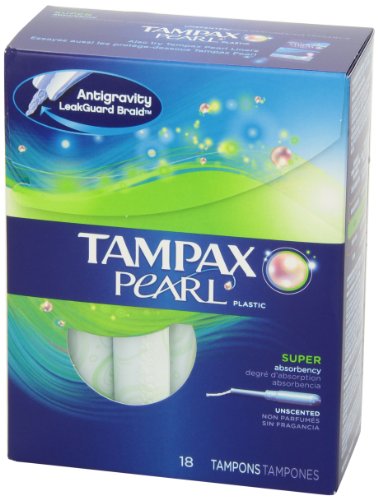 Tampax Pearl Plastic, Super Absorbency, Unscented Tampons, 18 Count