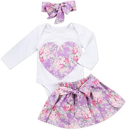 Caibiet Toddler Baby Girl Floral Long Sleeve Bodysuit Romper and Bowknot Skirt With Headband Infant 3Pcs Clothes SE (2-3 Years, Purple/White)