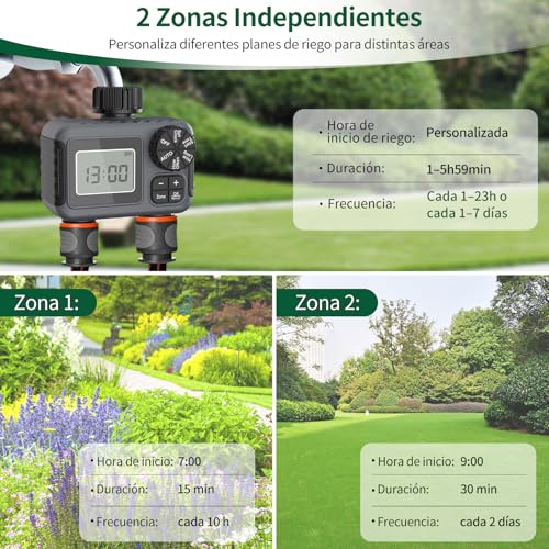vantisan Temporizador de riego 2 Zonas Programable para Manguera 2 Salidas, con Modo automático, Manual y retardo por Lluvia para Plantas, Césped y Jardines
