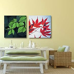 2 Panel Square Canvas Wall Art - Red Leaves and Green Leaves - Giclee Print Gallery Wrap Modern Home Art Ready to Hang - 12"x12" x 2 Panels