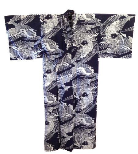 Koi Design Kimono Yukata Large Size #TK294L Dark Blue, White