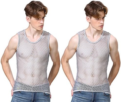 Angel Cola Men's Mesh Fishnet Fitted Muscle Tank Top 2 Pack Grey Medium