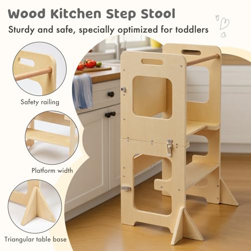 Labebe Montessori Children's Tower, 3 in 1 Folding Teaching Tower, Ladder Children's Stool with Blackboard, Montessori Wood Tower for Kitchen Utensils from 18 Months (Wood)
