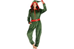 ReneeCho Women’s Elf Onesie Christmas Costume Pajama Green Elf Outfit Holiday Suit