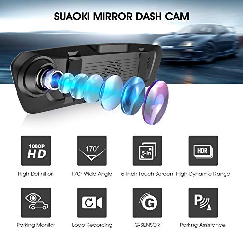 SUAOKI 1080p Full-HD Car DVR With HD Rear-View Camera for Parking Assistance Comes With Crisp 5-Inch Touch Screen Display Supports G-Sensor, Loop Recording, 128GB Storage Room(SD Card Not Included)