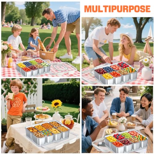 Kezidhp Snack Box con Cuencos Aperitivos - 8 compartimentos de acero inoxidable, con tapa, recipiente portátil con asa, para snacks, caramelos, galletas, verduras, frutos secos, frutas, especias