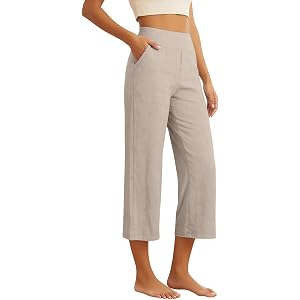 GOSEAGOTOFUN White Capri Pants for Women Casual High Waisted Cropped Wide Leg Pants with Pockets Loose Cotton Linen Trousers