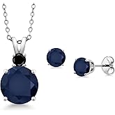 Gem Stone King 925 Sterling Silver Round Blue Sapphire and Black Diamond Pendant and Earrings Jewelry Set For Women (6.32 Cttw, Gemstone Birthstone, with 18 Inch Chain)