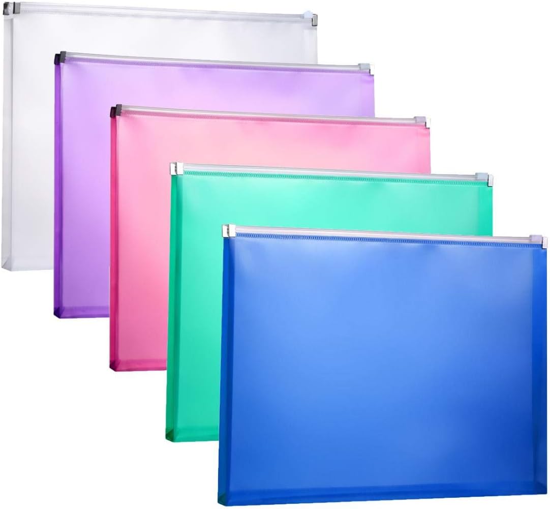 YoeeJob 5 PCS Poly Legal Zipper Envelopes with 1-Inch Expansion Gusset Assorted 14 x 10, School Office Organizer Storage Holders