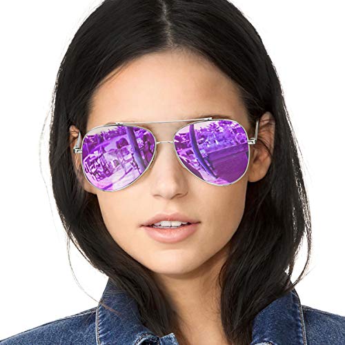 SODQW Classic Sunglasses Women Polarized, Mirrored Flat Lens UV Protection, Fashion Lightweight Frame Eyeglasses (Silver/Purple Mirror Lens) - Thumbnail 7