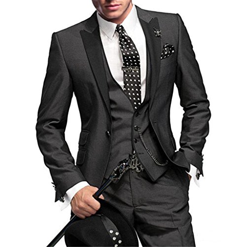 GEORGE BRIDE Slim Fit Men's Suit 3Pc Suit Jacket, Vest,Suit Pants,Black,L