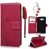 MOLLYCOOCLE Galaxy Grand Prime Case, Stand Wallet ID Holders Embossed Vintage Flower Flip Folio TPU Soft Bumper PU Leather Skin Cover for Samsung Galaxy Grand Prime, Red