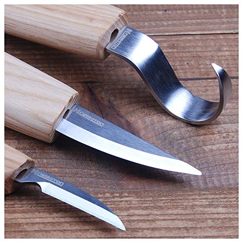 Newkiton 6Pcs Wood Carving Tools Set for Spoon Carving 3 Knives in Tool Roll Leather Strop and Polishing Compound, Hook Sloyd and Detail Knife for Woodworking Craft, Free Bonus Cut Resistant Gloves - Thumbnail 2