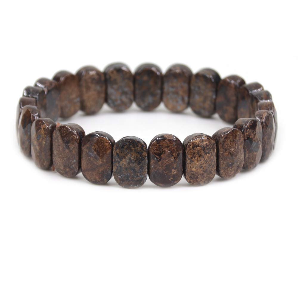 CHENYUE Natural Bronzite Gemstone 14mm Faceted Oval Beads Stretch Bracelet 7.5 Inch Unisex