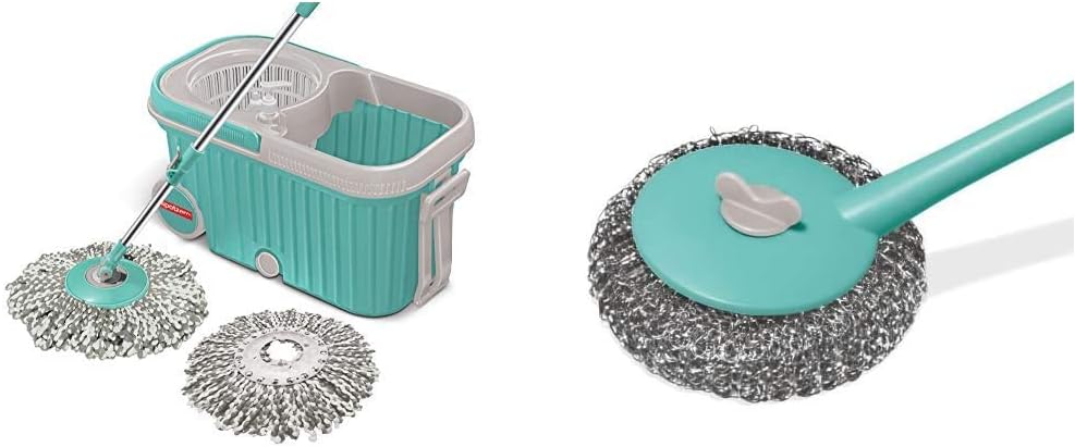 Spotzero By Milton E-Elite Spin Mop with Bigger Wheels and Plastic Auto Fold Handle for 360 Degree C & Kitchen Cleaning Handy Scorer (Aqua Green) Combo