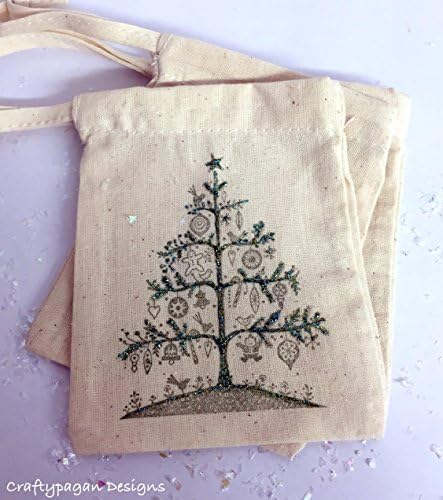 Christmas Tree Bags/ Cotton Drawstring/ Treat Favor Small Gift Bags/ Green Xmas Tree Bags with Glitter SET of 5