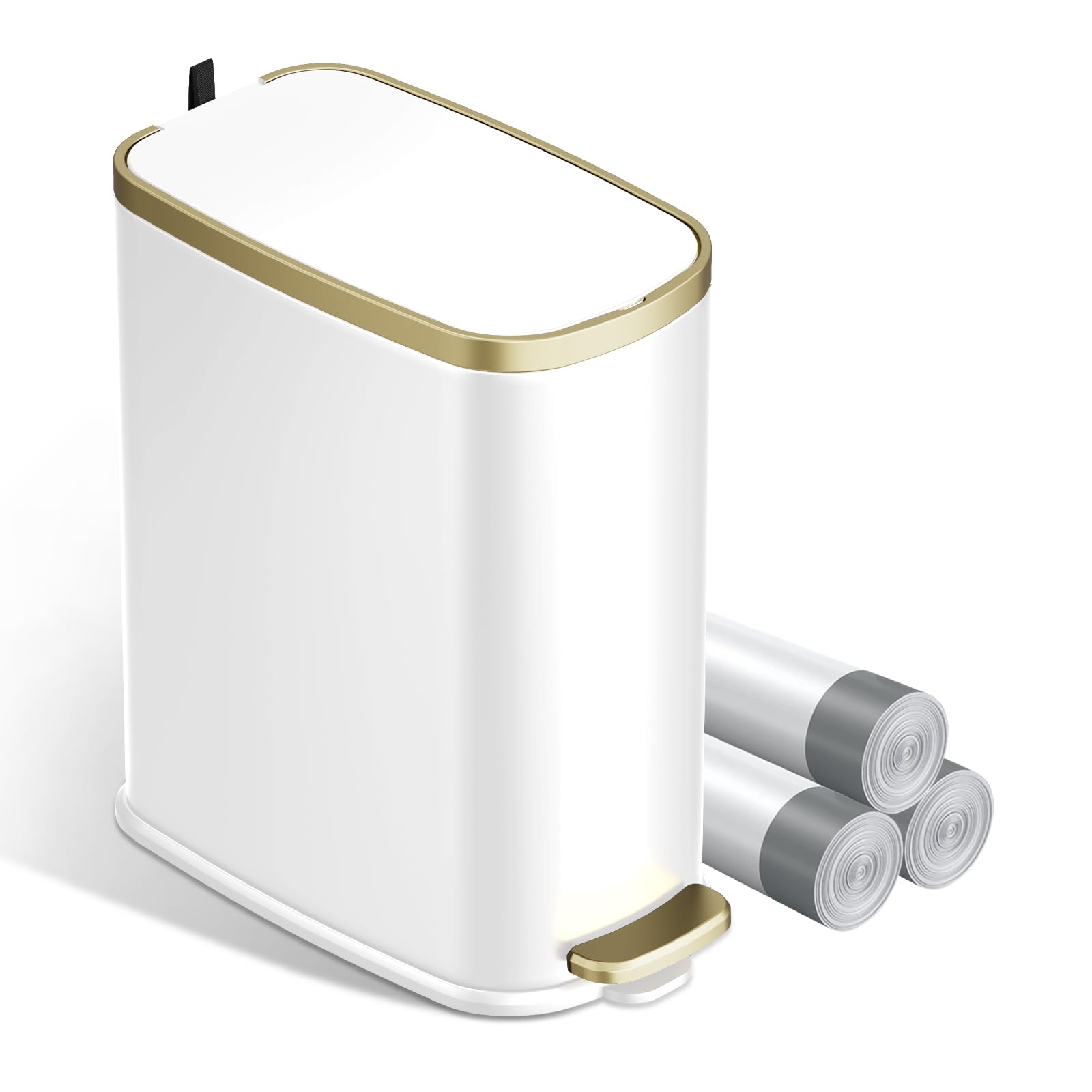 Photo 1 of KUK Small Bathroom Trash Can with Lid Soft Close, Step Pedal, 2.6 Gal Stainless Steel Garbage Can with Removable Inner Bucket, Anti-Fingerprint Wastebasket for Office, Bedroom, Toilet (White)