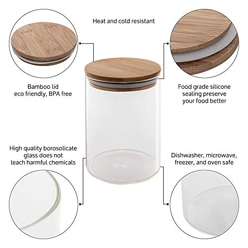 Canister Set of 5, Glass Kitchen Canisters with Airtight Bamboo Lid, Glass Storage Jars for