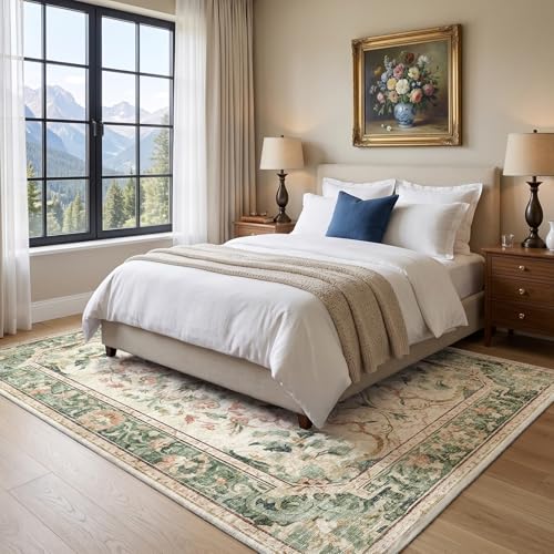 IKALIFE Washable Vintage Living Room Rug, Green, 240 x 340 cm | Large Washable Short Pile Rug with Floral Pattern, Non-Slip, Soft, Ideal for Living Room, Bedroom and Dining Room