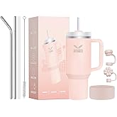 JUSTUMBLER 40 Oz Insulated Tumbler with Handle and Straw, Stainless Steel Coffee Travel Mug with Lid, Leak Proof Water Bottle with Accessories, Cream