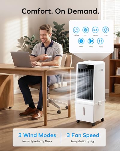Air Choice Swamp Cooler, 30" Windowless Portable Air Conditioners with 3.7Gal Water Tank, 2 Ice Packs, Oscillation, 3 Speeds/Modes, 12H Timer, Night Light, Portable Swamp Cooler for Bedroom Office