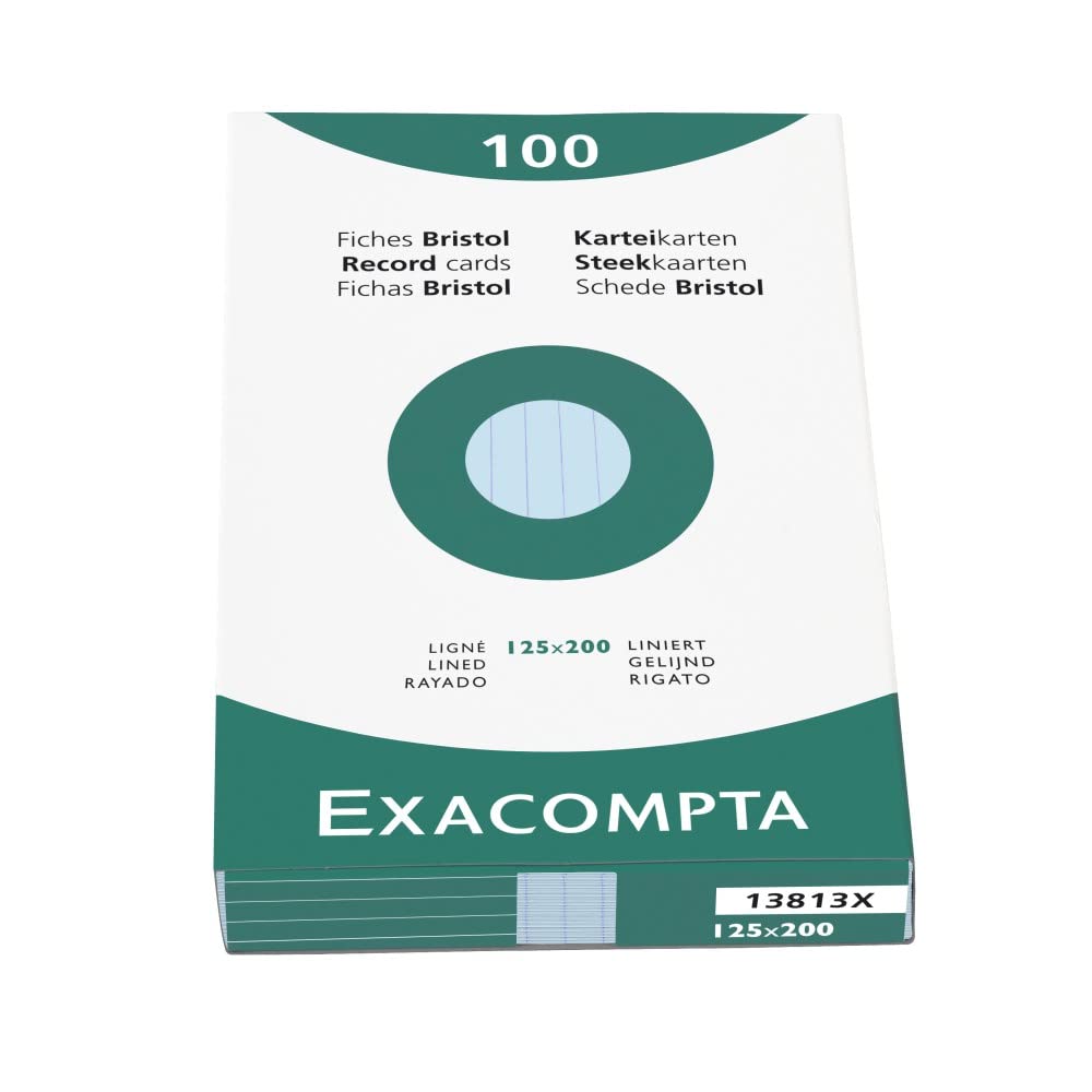 Exacompta - Ref 13813X - Bristol Lined Record Cards (Pack of 100) - 125 x 200mm in Size, 205gsm Card, Compatible with Printers - Suitable for Exam Revision & Notes - Blue