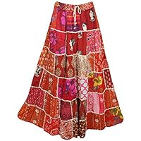 Women's Maxi Skirt Red Ethnic Patchwork Rayon Maxi Skirts S/M