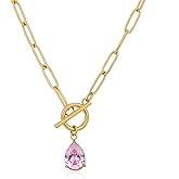 TaYolnFaSo Paperclip Toggle Necklace 18K Gold Plating 8 * 10mm Teardrop Cut CZ Birthstone Pendant Paper Clip Chain Necklace Gemstone Crystal Jewelry Gift for Women