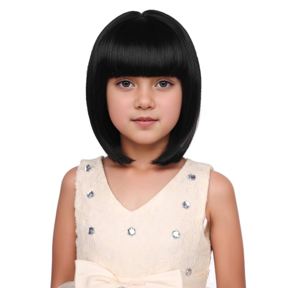 Photo 1 of DUDUWIG Kids Black Bob Wig Girls Short Straight Natural Black bob Wig with Bangs for Children