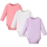 ROMPERINBOX Long Sleeve Onsies Girl 3 Pack Knitted Solid Baby Crew Neck Bodysuit Multicolors 0-24 Months