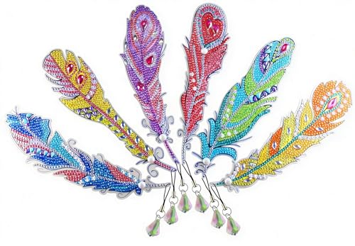 BOUTIKS 5D Diamond Painting Pack of 6 Feather Bookmarks with Crystal Pendant Diamond Painting Bookmark for Children Adults DIY Craft Gift