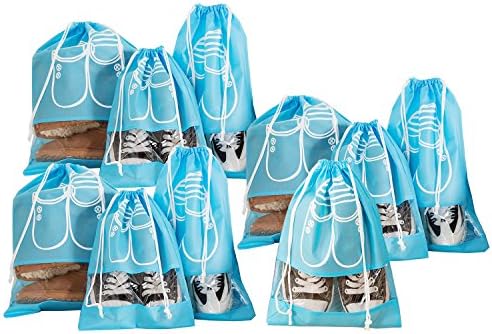 Travel Shoe Bags Set of 10 Dust-proof Drawstring with Transparent Window Storage for Trip and luggage Light Blue
