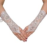 M Bridal Women's Rhinestones Lace Fingerless Gloves for Wedding Party Brides Accessory G02 (Ivory)