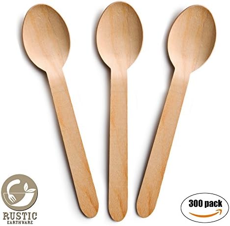Wooden Spoons Disposable 300 Pc Set by Rustic Earthware | Eco-Friendly Biodegradable Tableware | Parties, Weddings, and Showers | Bonus Party, Wedding or Sustainable Ebook