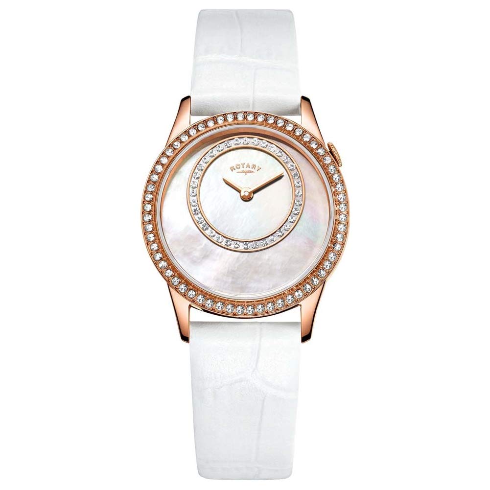 Rotary Women's Quartz Watch with Mother Of Pearl Dial Analogue Display and White Leather Strap LS00654/07