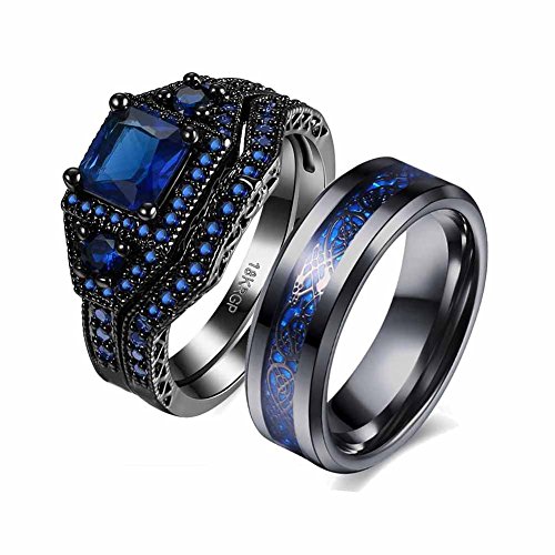 LOVERSRINGCouple Ring Bridal Set His Hers Black Gold Filled Blue Cz Stainless Steel 10k Wedding Ring Band
