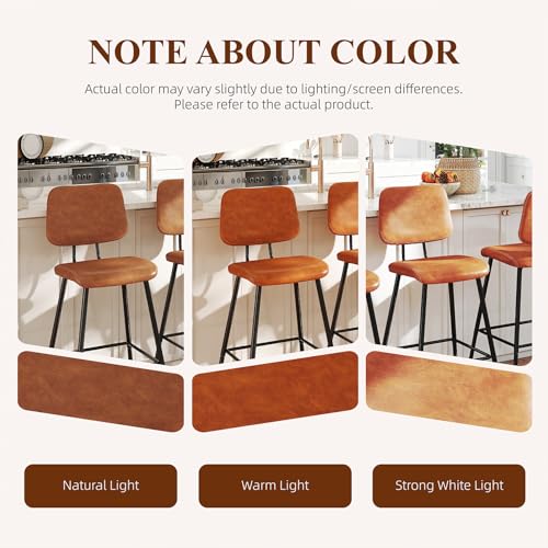 Nusetx 26 Inch Counter Height Bar Stools Set of 2, Modern Faux Leather Kitchen Island Chairs with Back and Metal Leg, Upholstered BarStools, Brown