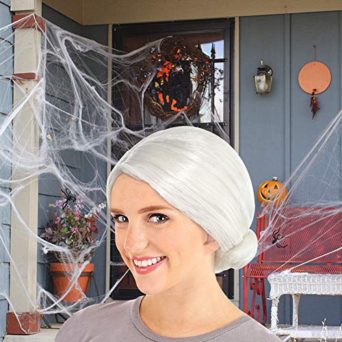 Costume Old Lady Wig, 3PCS Old Lady Cosplay Set Grandma Wig for Halloween Costume White