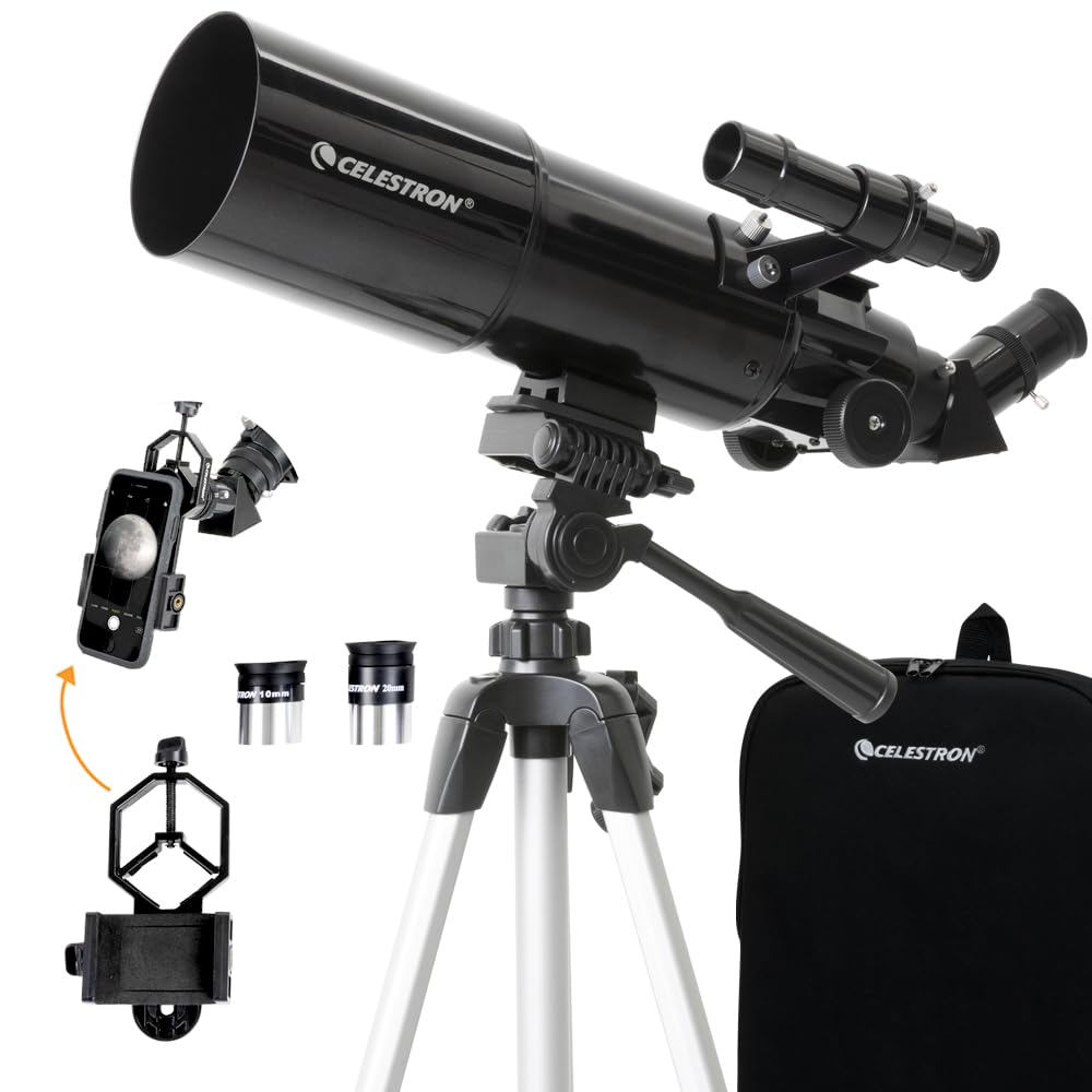 Telescopio refractor portátil Celestron Travel Scope 80 - Apertura de 80 mm, óptica de vidrio totalmente recubierta - Incluye trípode, adaptador para teléfono inteligente, mochila y software - Ideal para principiantes y viajes