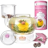 Teabloom Pretty in Pink Rose Tea Gift Set - Includes 34 oz Stovetop Safe Glass Teapot, 12 Natural Rose Flowering Teas, Removable Loose Tea Glass Infuser, Glass Tea Warmer + Tea Light - Dishwasher Safe