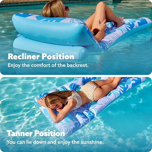 Sloosh Inflatable Pool Float Adult - Tropical Leaves Pool Floaties Lounger with Adjustable Backrest Cup Holders, Sun Tanning Float Rafts Floating Chair Pool Beach Lake Lounge Above Water Keep Cool