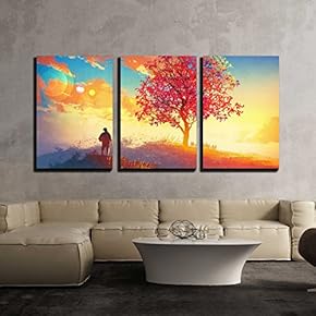 3 Piece Canvas Wall Art - Autumn Landscape with Alone Tree on Mountain,Coming Home Concept - Modern Home Art Stretched and Framed Ready to Hang - 16"x24"x3 Panels