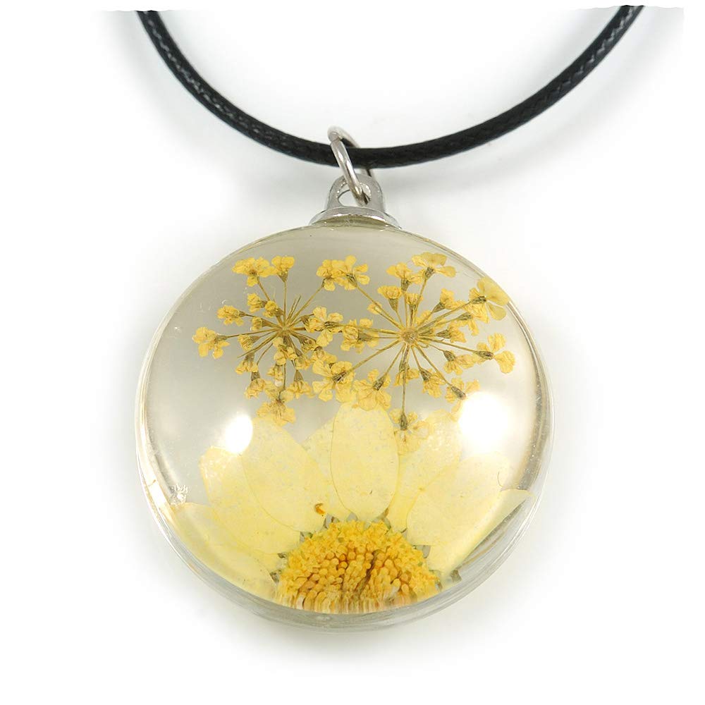 Avalaya White/Yellow Daisy Flower Round Glass Pendant with Black Cord/ 42cm L/ 5cm Ext