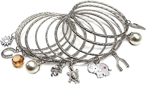 Aris Huge Stack Diamond Cut Charm Bangles Bundle: Bracelets & Bag (Silver-tone Lucky Theme)