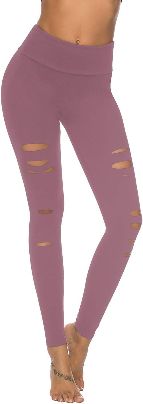 Womens High Waist Yoga Pants Cutout Ripped Tummy Control Workout Running Yoga Skinny Leggings