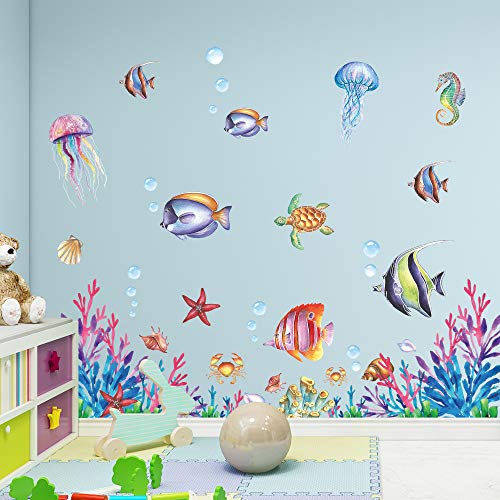 Calcomanías De Pared Infantiles - Tema Bajo El Mar Con Animales Marinos, Extraíbles Y A Prueba De Agua, Para Dormitorio O Baño
